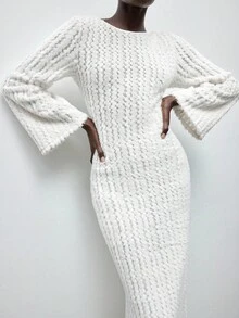 Maija 女士秋冬时尚性感简约纯色露背喇叭袖修身连衣裙 - 白色 - 查看 7