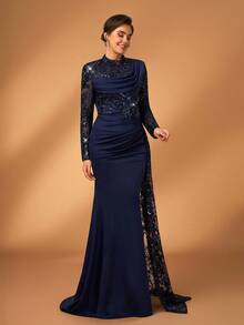 Serin Navy Blue Spring Elegant Formal Wedding Mother Of The Bride Evening Gown,Beaded Sequin Lace Patchwork Stretch Knit Mermaid Skirt With Sheer Sleeve - Navy Blue - View 8