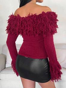 Aloruh Burgundy Off-Shoulder Fuzzy Fringe Splice Tight Fit Long Sleeve Sweater For Women, Autumn/Winter - Burgundy - View 4
