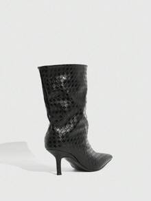 CUCCOO SZL 女士时尚黑色格子尖头一脚蹬优雅细高跟系带中筒靴，性感派对装 - 黑色 - 查看 4