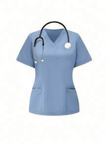 TaskEZ 1 Set Solid Color V-Neck Scrub Top With Pocket And Pants, Nurse Scrub Uniform - Baby Blue - View 3