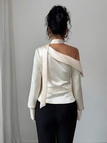 Modelyn 女士秋季梭织亮面长袖褶皱优雅衬衫，适合约会和外出 - 杏色 - 查看 2