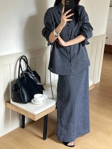 Livesso 女式休闲条纹衬衫和裙子两件套 - 藏蓝色 - 查看 5