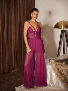 Slumberist 女士性感蕾丝撞色网眼吊带背心连体裤，夏季睡衣 - 中紫紅色 - 查看 6