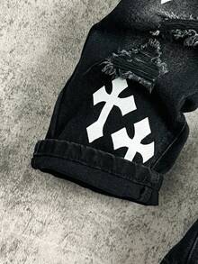 Quần jeans đen dáng rộng, họa tiết chữ thập trắng, phong cách đường phố cá tính, dành cho bé trai, thích hợp mặc hàng ngày vào mùa thu đông, làm trang phục hóa trang, thời trang đường phố, Halloween, Giáng sinh, quần jeans mùa đông, quần jeans ấm áp. - màu đen - Xem 5
