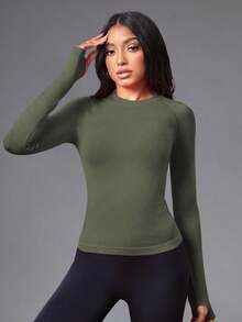 Easithlete Women's Solid Color Seamless Thumb Hole Fitted Raglan Sleeve Sports T-Shirt Long Sleeve Active Wear Compression Slim Top Seamless Work Out Top Gym Shirt Women Tummy Control Tops - Army Green - View 3