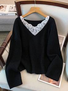 EMERY ROSE New Elegant Lace Trim V-Neck Soft & Versatile Plus Size Women Knit Pullover Top Winter - Black - View 2