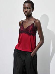 Maija 女士蕾丝拼接V领无袖上衣，宽松版型，优雅浪漫，时尚舒适，适合度假、商务休闲、西式风格、圣诞节、万圣节派对等场合穿着。 - 紅色 - 查看 6