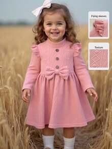 LMoss Kids LMoss Baby Girl Pink Autumn Cute Sweet Birthday Dress,Solid Knit Round Neck Ruffle Hem Long Sleeve Textured Warm Outfit For Christmas Spring Winter - Pink - View 9