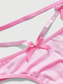 ROMWE Kawaii Women's Cute Heart Bralette With Bow Lingerie Set - Black - View 4