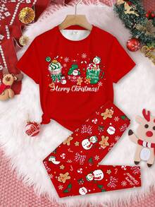 SHEIN 青少年女孩休闲简约圣诞可爱卡通圣诞老人、姜饼人、雪人、圣诞树、铃铛、拐杖糖、雪花图案短袖圆领 T 恤和舒适紧身裤睡衣套装 - 彩色 - 查看 2