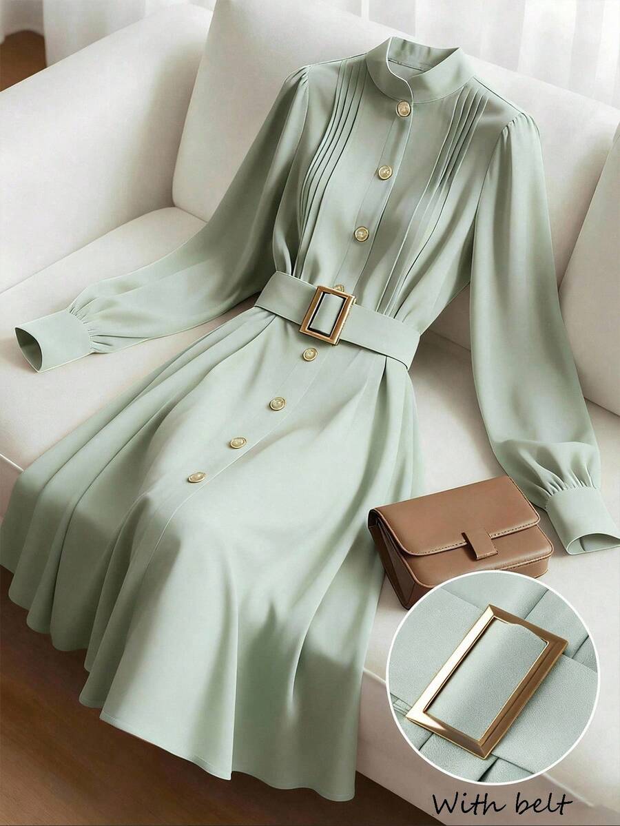 GlowEve Women's Elegant Crew Neck Pleated Front A-Line Midi Dress, Waist Cinched, Casual Commute Fashion, Green Long Sleeve - Pastel Green - View 1