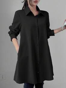 Celisse Áo sơ mi nữ cổ ve trơn màu, dáng thường ngày có túi ngực và nút cài phía trước, áo dài tay - màu đen - Xem 4