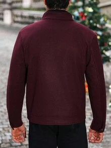 Manfinity CasualCool Manfinity CasualCool Men's Mature Casual Burgundy Woolen Stand - Collar Button - Up Jacket, Men Clothes, Men Jacket&Coats - Regular Fit With Flap Pockets, Ideal For Halloween, Christmas, Daily Outings & Date Nights, INS - Fashionable Outerwear, Perfect Gift For Boyfriends/Husbands On Anniversaries.