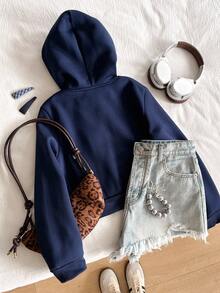 Tween Girls Casual Versatile Commuting School Sweatshirt, Zip-Up Short Numeric, Letter & Leopard Print Pattern - Royal Blue - View 2