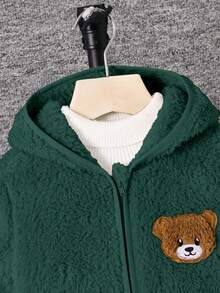 SHEIN 男童休闲时尚小熊刺绣连帽羊毛夹克 - 墨綠色 - 查看 5