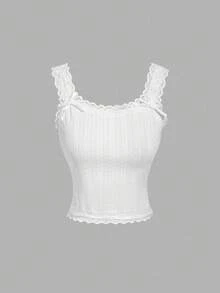 SHEIN MOD Women's White Lace Trim Jacquard Textured Bow Decor Camisole