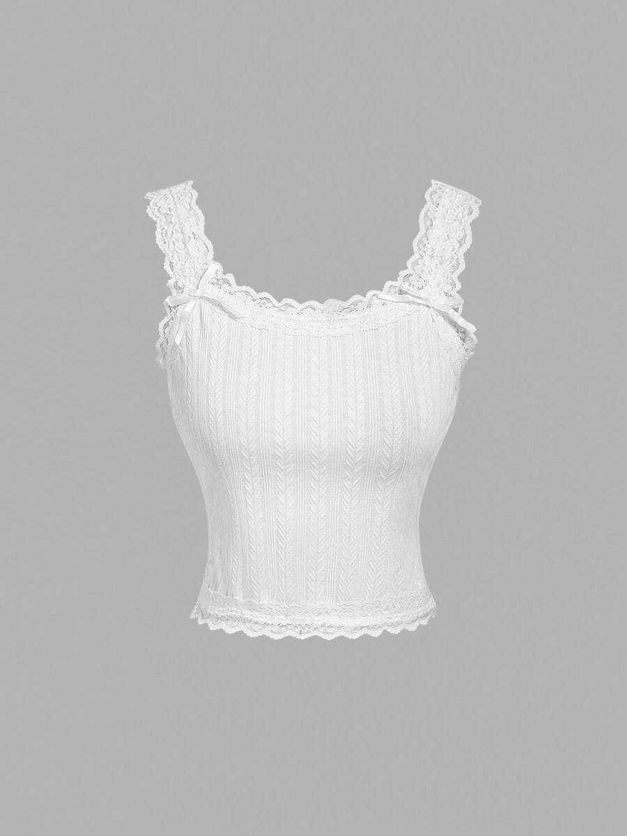 SHEIN MOD Women's White Lace Trim Jacquard Textured Bow Decor Camisole