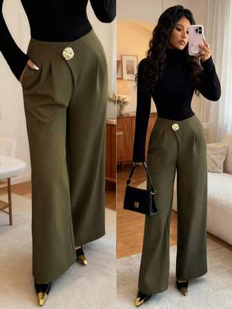 Rafferiza High Waist Wide Leg Pants/Gold Embossed Button Decor/Commuting/Casual/Daily/Work/Versatile Straight Leg Casual Trousers
