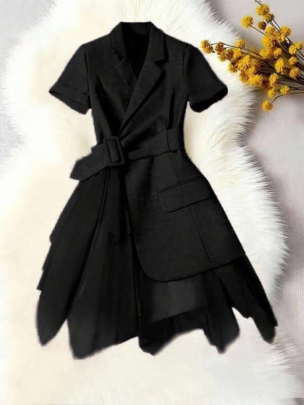 EMERY ROSE Women's Solid Color Lapel NeckShort Sleeve Patchwork Asymmetric Mesh Hem Fashionable Thin Jacket