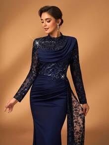 Serin Navy Blue Spring Elegant Formal Wedding Mother Of The Bride Evening Gown,Beaded Sequin Lace Patchwork Stretch Knit Mermaid Skirt With Sheer Sleeve - Navy Blue - View 6