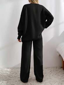 EURMUSE Drop Shoulder Cardigan & Tie Front Knit Pants - Black - View 2