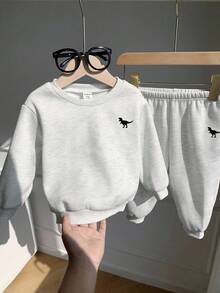 SHEIN 2 件套男婴/女婴可爱休闲运动灰色字母印花长袖连帽衫和裤子运动服套装，秋冬 - 淺灰色 - 查看 7