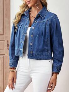 EMERY ROSE Women's Autumn Raglan Sleeve Single-Breasted Pleated Design Casual Denim Jacket Winter New Year - Blue - View 1