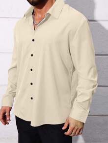 Manfinity Homme Áo sơ mi nam tay ngắn cài nút phía trước, dáng rộng, thường ngày, đa năng, màu trơn - Màu Khaki - Xem 5