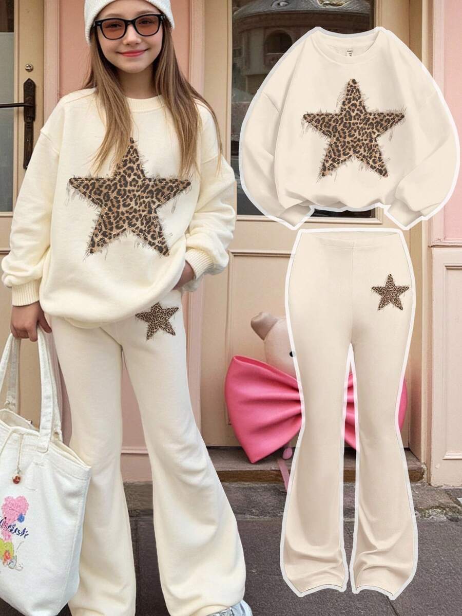 SHEIN 奶油杏仁色,复古学院风豹纹星形图案,少女休闲舒适加厚柔软圆领宽松卫衣搭配喇叭加厚长裤两件套,适合秋冬季日常穿着、街头风、校园风、居家风。 - 彩色 - 查看 1