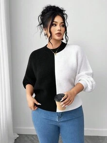 Elenzga Plus Size Women's Black And White Patchwork Batwing Sleeve Crew Neck Sweater,Autumn Elegant Smart Casual Everyday Gothic Thick Knitted Loose Pullover - Black and White - View 1