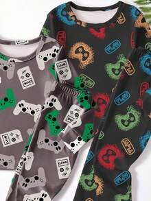 2pcs Tween Boys Pajama Set, Video Game Controller All-Over Print Crew Neck Long Sleeve Top And Snug Fit Pants, Stretchy Sleepwear, Fashionable Snug Fit Style Runs Small, Recommend Sizing Up - Multicolor - View 4