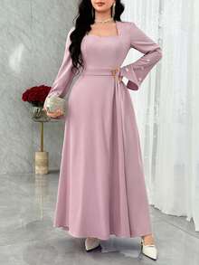 Modelyn Vestido elegante de longitud media con cuello de corazón, manga larga y adornos de rhinestones en unicolor para mujer