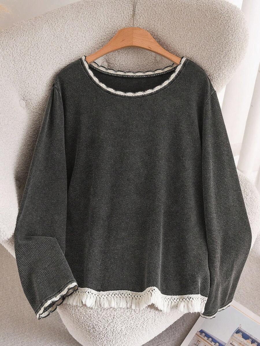 CosyJoli Áo thun cổ tròn họa tiết hoa tuyết giặt có họa tiết thường ngày cỡ lớn - màu đen - Xem 1