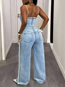 SHEIN SXY Damen Jumpsuit in Große Größen, Modischer Lässig-Stil mit Perlen besetzt und Destroyed-Effekt - Helle Waschung - Übersicht 2