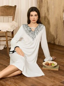 Côtesoire Elegante camicia da notte da donna con colletto arricciato in pizzo francese e colore a contrasto - Bianco - Visualizzare 3