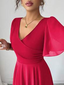 SHEIN Elenzya 荷叶边袖腰部收紧 V 领 A 字型简约优雅浪漫精致女士连衣裙 - 紅色 - 查看 6