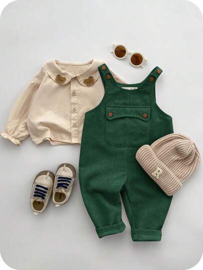 SHEIN Pantaloni salopette casual e sportivi, con spalle cadenti, larghi e morbidi, con tasche, adatti per bambini e bambine, per autunno/inverno