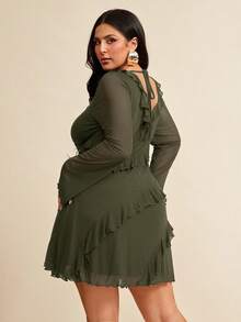 SHEIN BAE Plus Size Long Sleeve Dress, Romantic Sweet Ruffle Autumn Dress For Dating, Travel, Autumn Inner Wear, Bow, Summer Dresses For Ladies, Holiday Party Outfit For Women, Elegant, Birthday Outfits, Mesh, Sexy Dresses, Birthday Dress ,Back To School Girls Clothes,Girls Summer Outfits,Fall Clothes,School Clothes,Halloween,Winter,Y2k Clothes ,Vintage,Vacation Outfits Woman,Plus Size Women Clothes,Summer Dresses For Women,4th Of July Women - Army Green - View 4