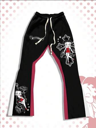 Betty Boop | ROMWE Pantalon de survêtement décontracté pour hommes avec taille à cordon de serrage et motif de bande dessinée contrastée