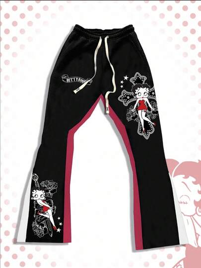 Betty Boop | ROMWE Pantaloni della tuta casual da uomo con vita con coulisse e fantasia a contrasto a cartoni animati