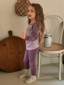 DAZY 2件套年轻女孩圆领印花长袖T恤+裤子家居服套装 - 紫色 - 查看 2