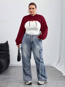 SHEIN CURVE+ Suéter negro de punto extra grande con capucha ultrashort, adecuado para usar en otoño e invierno - Burdeos - Ver 7