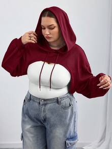 SHEIN CURVE+ Suéter negro de punto extra grande con capucha ultrashort, adecuado para usar en otoño e invierno - Burdeos - Ver 8