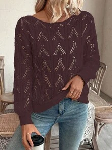 EMERY ROSE Vacation Style Casual Hollow Floral Pattern Off-Shoulder Loose Pullover Sweater