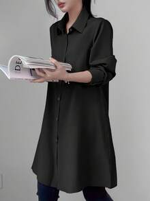 Celisse Áo sơ mi nữ cổ ve trơn màu, dáng thường ngày có túi ngực và nút cài phía trước, áo dài tay - màu đen - Xem 5