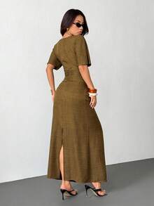 SHEIN PETITE Váy vải lanh pha trộn màu trơn thanh lịch dành cho nữ mùa hè, - xanh quân đội - Xem 3