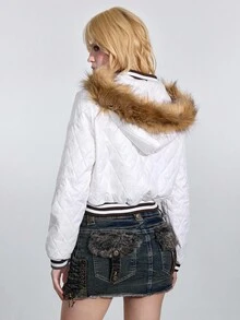 ROMWE J-Fashion Women's Retro Y2K Subculture Embroidered Fleece Patchwork Cropped Padded Coat, Back To School Style