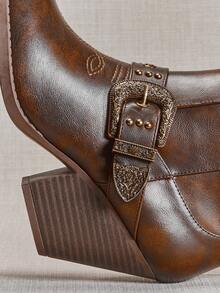 SHUZIA Women's Premium Oil Finished Vegan Leather Chocolate Brozen Buckle Hardware Block Heel Ankle Booties –Iconic Cowboy Style,Statement Boots For Fall Looks & Festival Fits For Christmas - Chocolate Brown - View 7