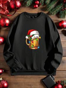 Manfinity Homme Sudadera holgada de cuello redondo con estampado navideño de cerveza para hombres talla grande en color negro, adecuada para fiestas navideñas, regalo para esposo/novio, otoño/invierno